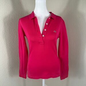 Lacoste Long Sleeve Polo Shirt Womens 38 Pink Stretch Slim Fit Preppy Tenniscore